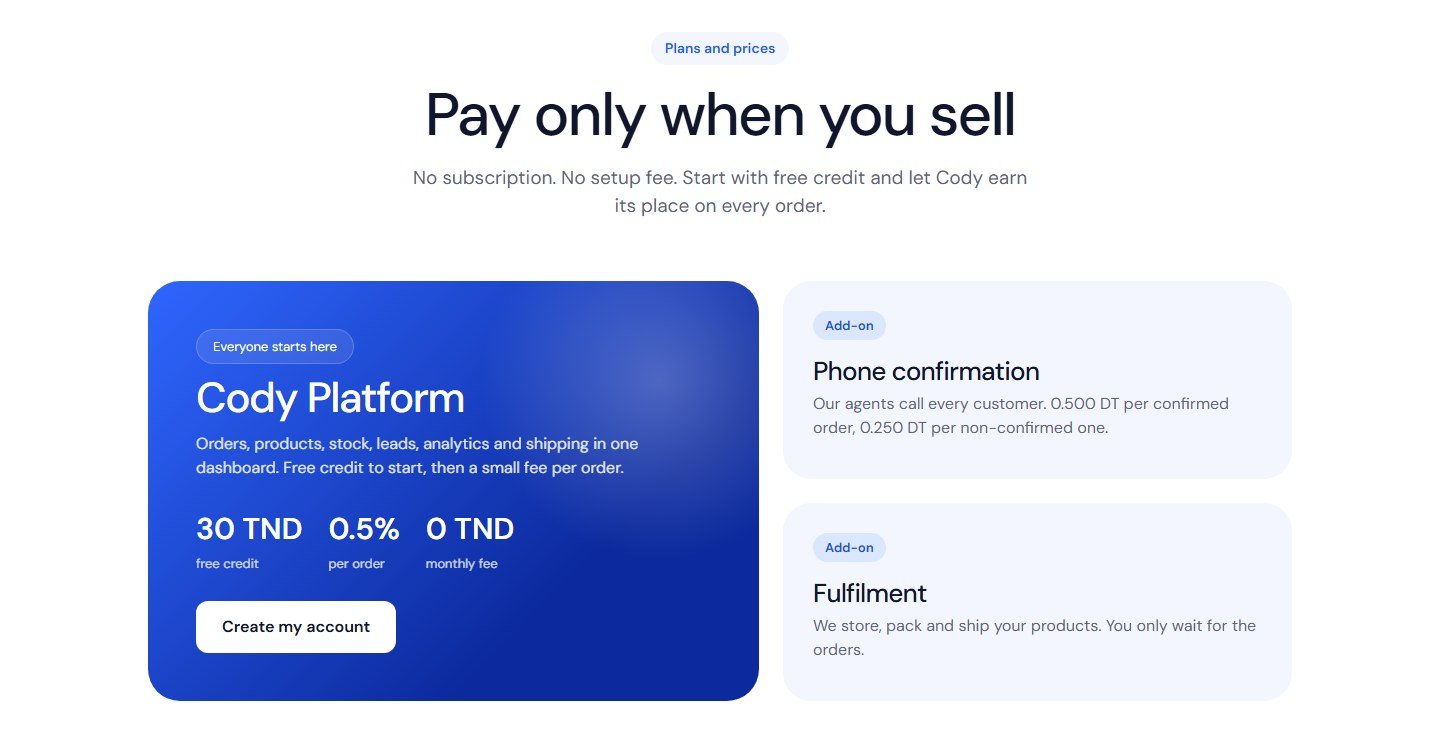 Cody pricing: 30 TND free credit, 0.5% per order, 0 TND monthly fee, with phone confirmation and fulfilment add-ons