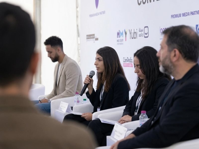 Mohamed Arfaoui seated on a panel next to other speakers during a conference